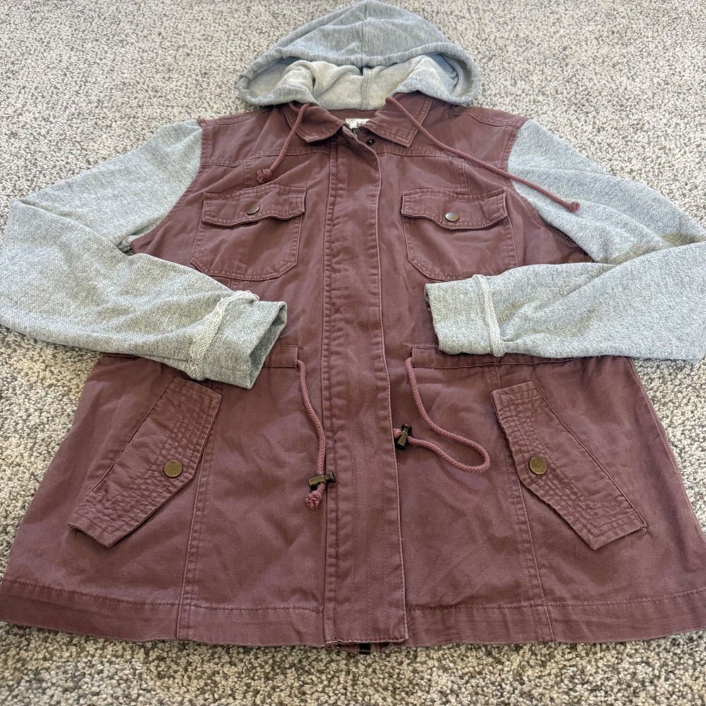 Mudd Womens Utility Jacket Mauve Grey Mixed Media Hooded Field Coat Size Large